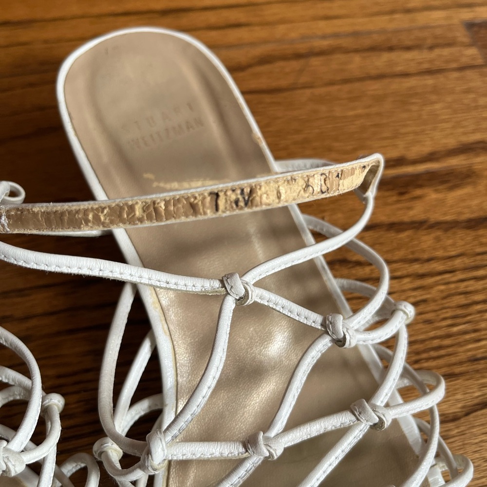 Stuart Weitzman Leather Knotted Cage Sandals, White, 7W - Picture 9 of 10